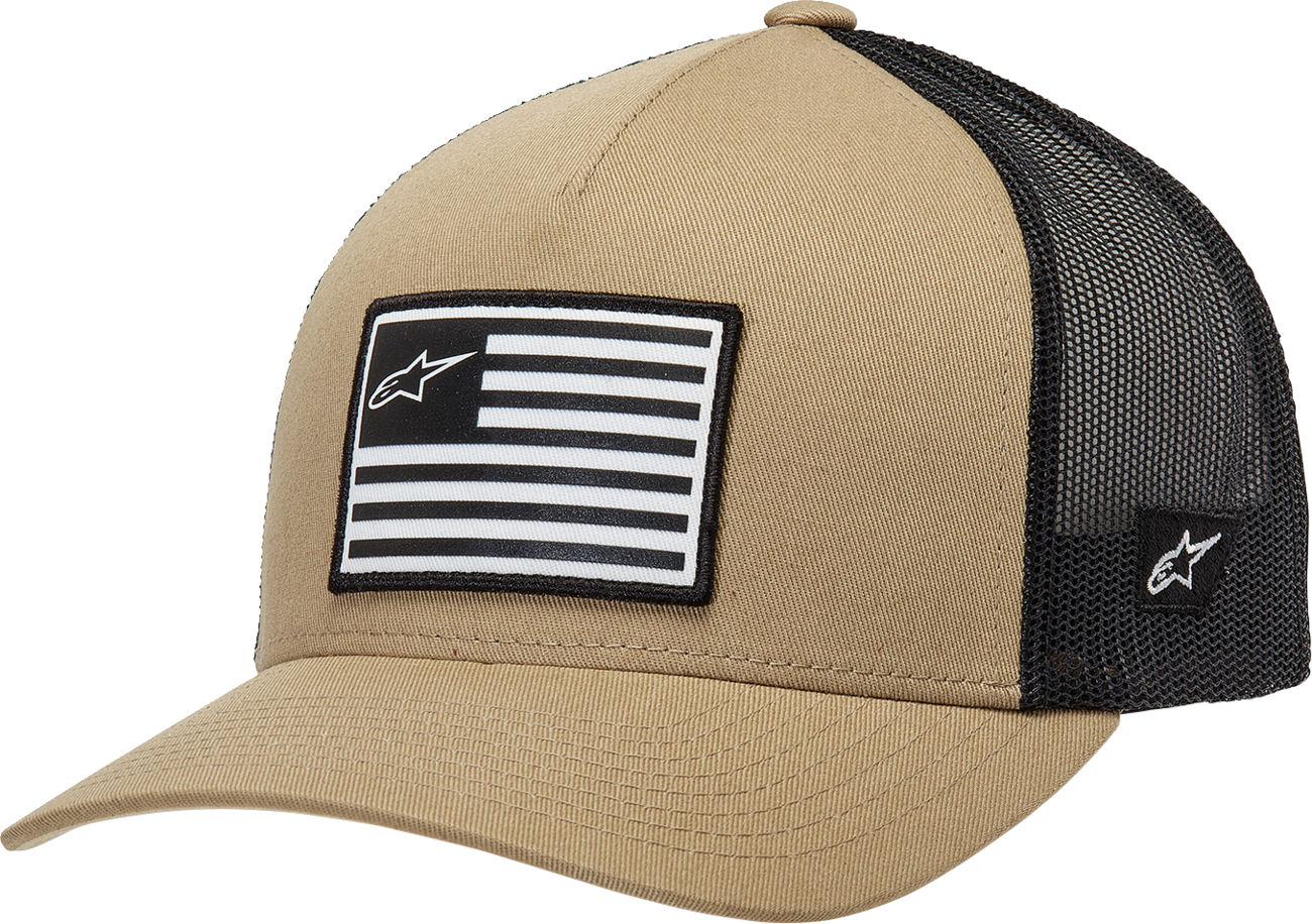 Alpinestars flag snapback hat in sand and black with adjustable strap, featuring the Alpinestars logo on the front.