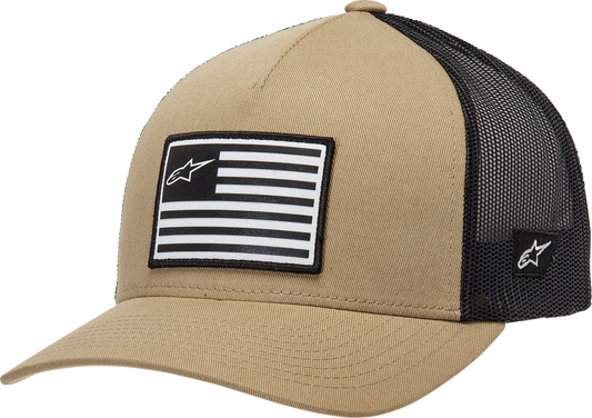 Alpinestars flag snapback hat in sand and black with adjustable strap, featuring the Alpinestars logo on the front.