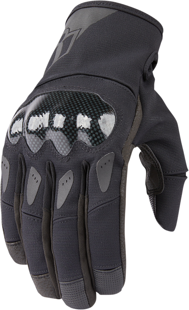 Black ICON Stormhawk™ gloves in 3XL size with textured palm and adjustable wrist strap, designed for motorcycle riding.