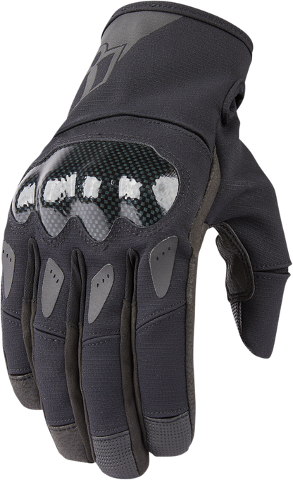 Black ICON Stormhawk™ gloves in 3XL size with textured palm and adjustable wrist strap, designed for motorcycle riding.