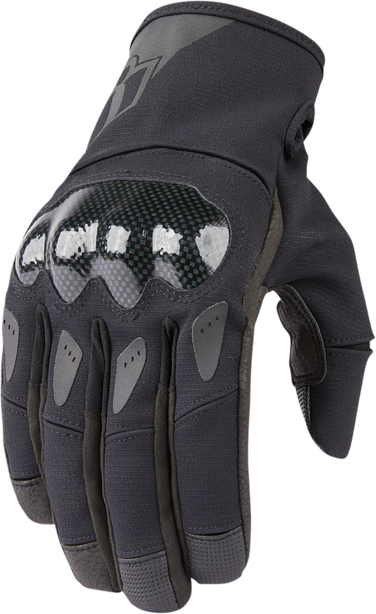 Black ICON Stormhawk™ motorcycle gloves in 3XL size, featuring protective design and durable material from Bill's Exhausts.