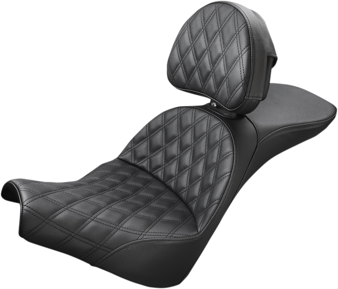 Bill's Exhausts Saddlemen Explorer Seat with lattice stitching and backrest, designed for motorcycle comfort and style.