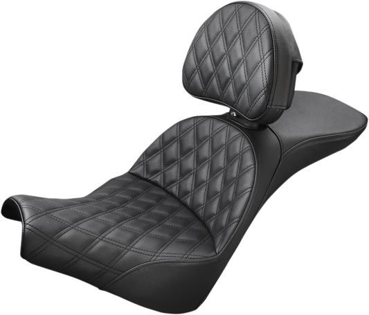 Bill's Exhausts Saddlemen Explorer Seat with lattice stitching and backrest, designed for motorcycle comfort and style.