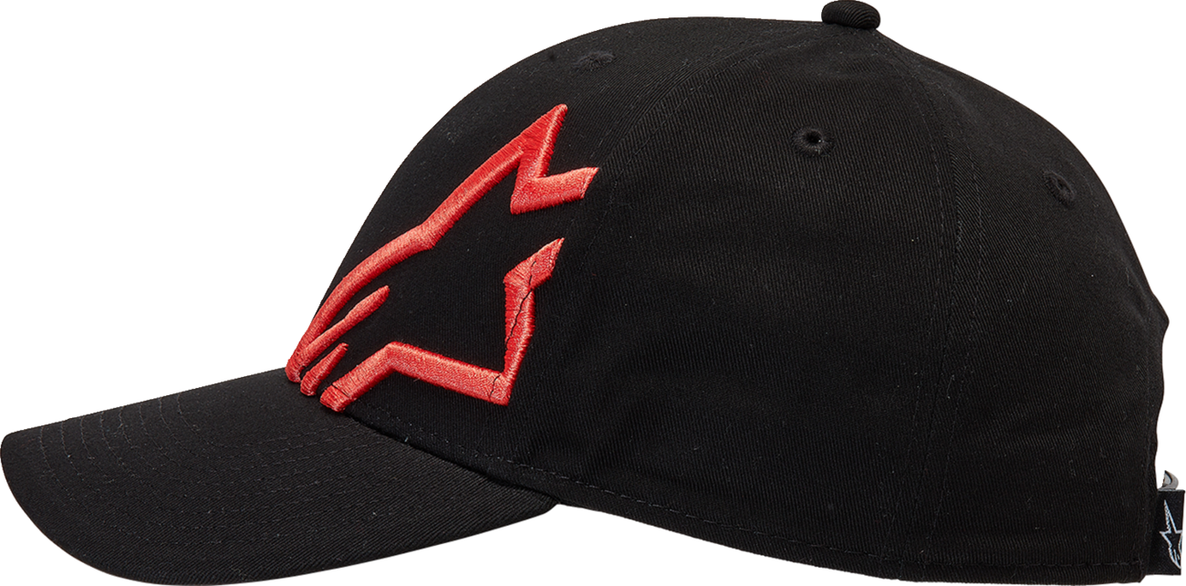 Black and warm red Alpinstars Corp Snap 2 Hat, one size, featuring sporty branding and adjustable snapback closure.