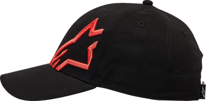 Black and warm red Alpinstars Corp Snap 2 Hat, one size, featuring sporty branding and adjustable snapback closure.