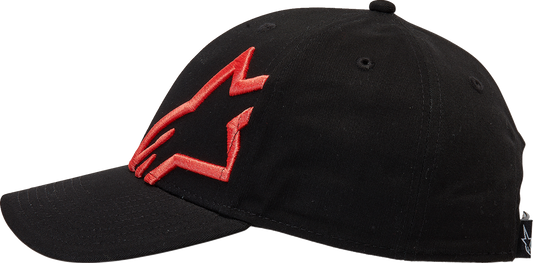 Black and warm red Alpinstars Corp Snap 2 Hat, one size, featuring sporty branding and adjustable snapback closure.
