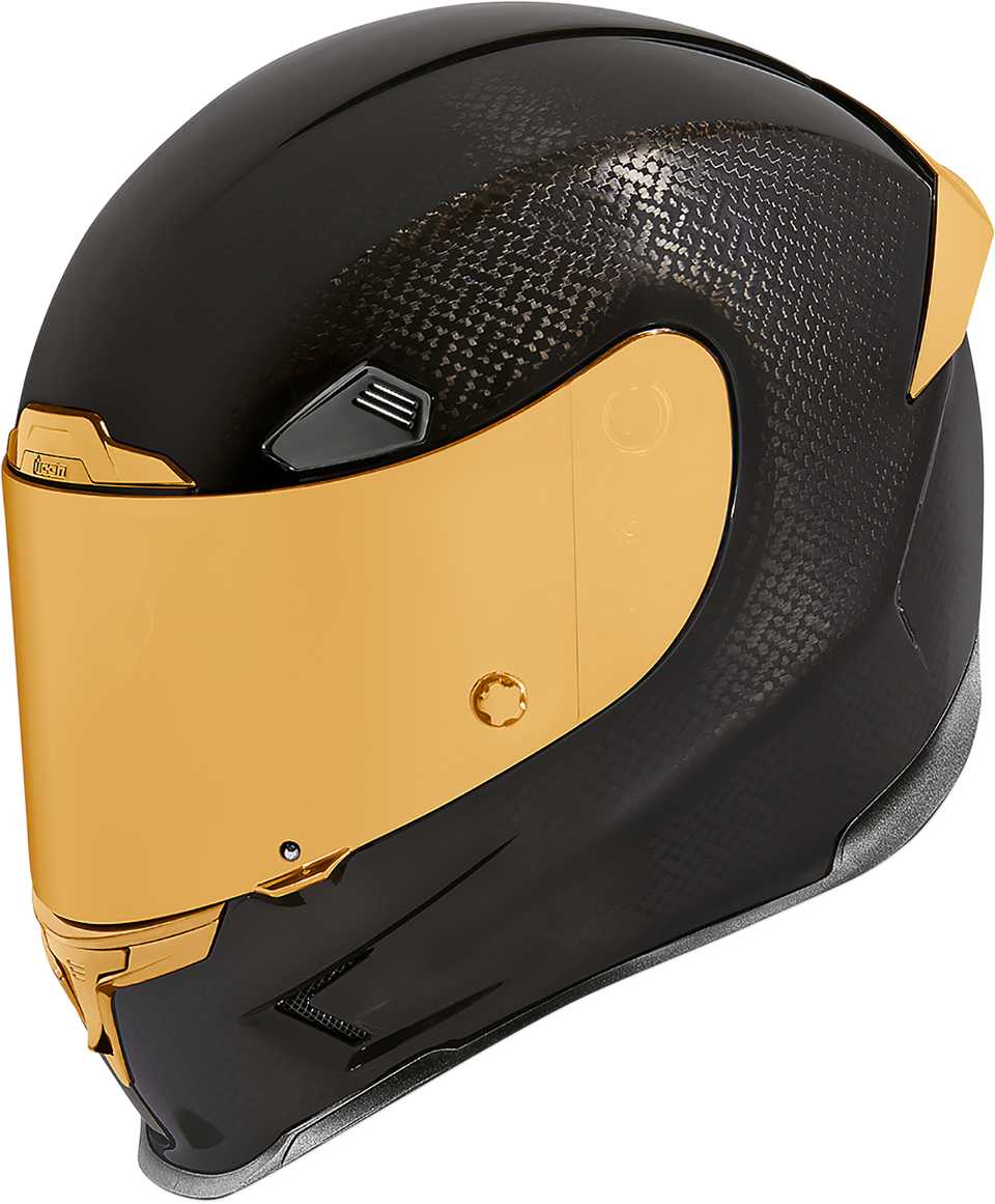 Bill's Exhausts ICON Airframe Pro™ helmet in carbon with gold accents, small size, front view showing sleek helmet design.