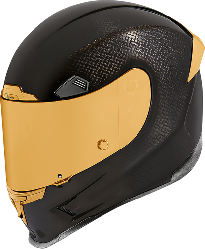 Bill's Exhausts ICON Airframe Pro™ helmet in carbon with gold accents, small size, front view showing sleek helmet design.