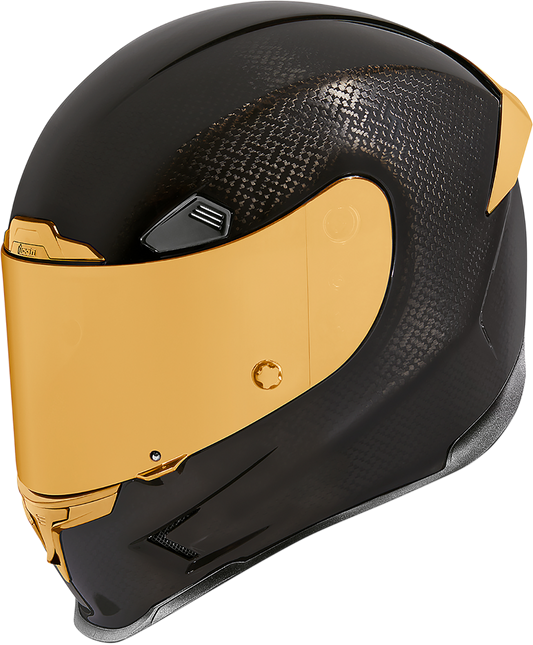 Bill's Exhausts ICON Airframe Pro™ helmet in carbon with gold accents, small size, front view showing sleek helmet design.