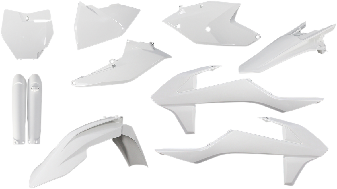 A white Acerbis full replacement body kit for a motorcycle, shown on a clean background, with detailed panels and smooth finish.