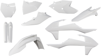 A white Acerbis full replacement body kit for a motorcycle, shown on a clean background, with detailed panels and smooth finish.