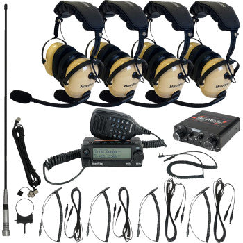 NAVATLAS intercom and radio headset kit for 4-seat vehicles by Bill's Exhausts, beige color, with control units and headsets visible.