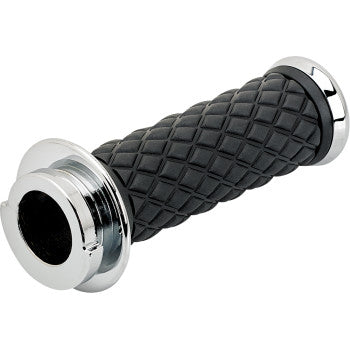 Chrome Biltwell Alumicore motorcycle grips with textured surface and black accents, designed for durable grip and stylish look.