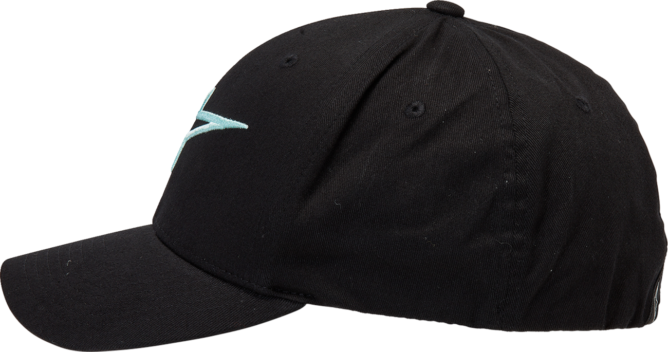 Black and light aqua Alpinstars Ageless Curve hat with adjustable L/XL size, featuring a curved brim and embroidered logo.