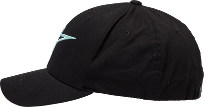 Black and light aqua Alpinstars Ageless Curve hat with adjustable L/XL size, featuring a curved brim and embroidered logo.