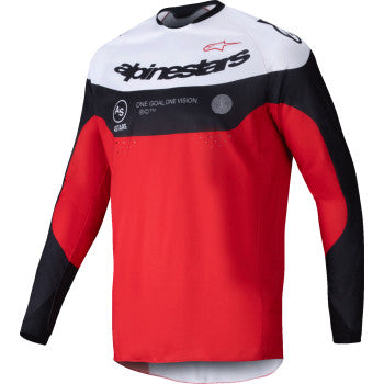 Alpinestars Pro-Dura motorcycle jersey in black, red, and white, size large, featuring breathable fabric and sporty design.