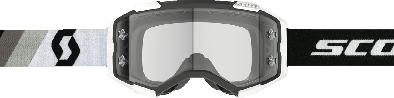 Scott Fury Goggle in black and white with clear lens, featuring a sleek design and adjustable strap for optimal fit.