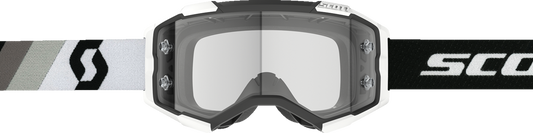 Scott Fury Goggle in black and white with clear lens, featuring a sleek design and adjustable strap for optimal fit.