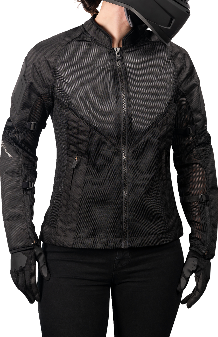 Black ICON Women's Mesh AF Jacket Stealth style in XS, featuring breathable mesh fabric and sporty design by Bill's Exhausts.