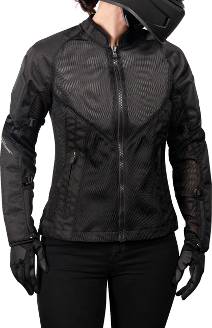 Black ICON Women's Mesh AF Jacket Stealth style in XS, featuring breathable mesh fabric and sporty design by Bill's Exhausts.