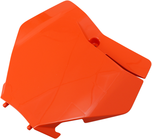 Acerbis front number plate in orange with body design, mounted on a motorcycle, featuring the '16 model and branding details.