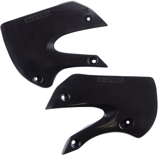 Black ACERBIS radiator shrouds for motorcycle body, designed for durability and style, with product code 2043770001.
