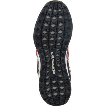 Alpinestars Meta Road V2 motorcycle shoes in red, black, and white with sporty design and secure lacing, US size 8.