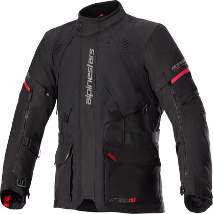Black and red Alpinestars Monteira Drystar XF motorcycle jacket with protective panels and adjustable features, size small.