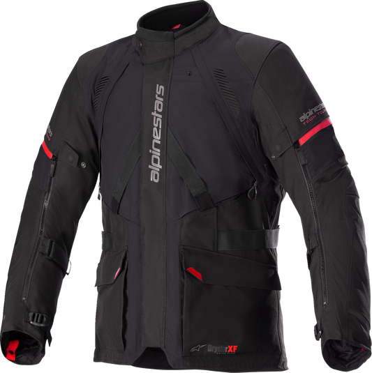 Alpinestars Monteira Drystar XF motorcycle jacket in black and red, medium size, with protective armor and waterproof material.