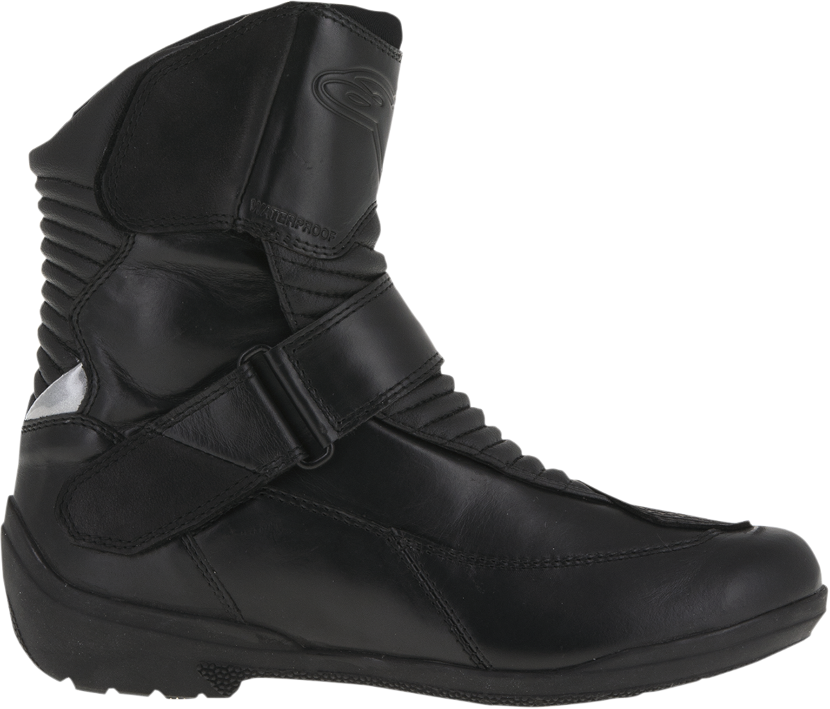 Black Alpinstars Stella Valencia waterproof boots for women, US size 8, with sturdy leather and waterproof features.