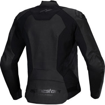 Black Alpinstars Stella Faster v3 leather jacket for women, US size 12, displayed on a hanger.