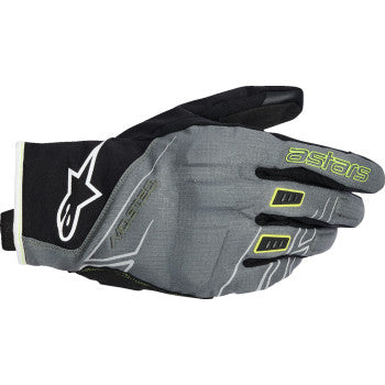Alpinestars Moblast WP motorcycle gloves in gray, black, and yellow with protective knuckles and adjustable wrist strap.