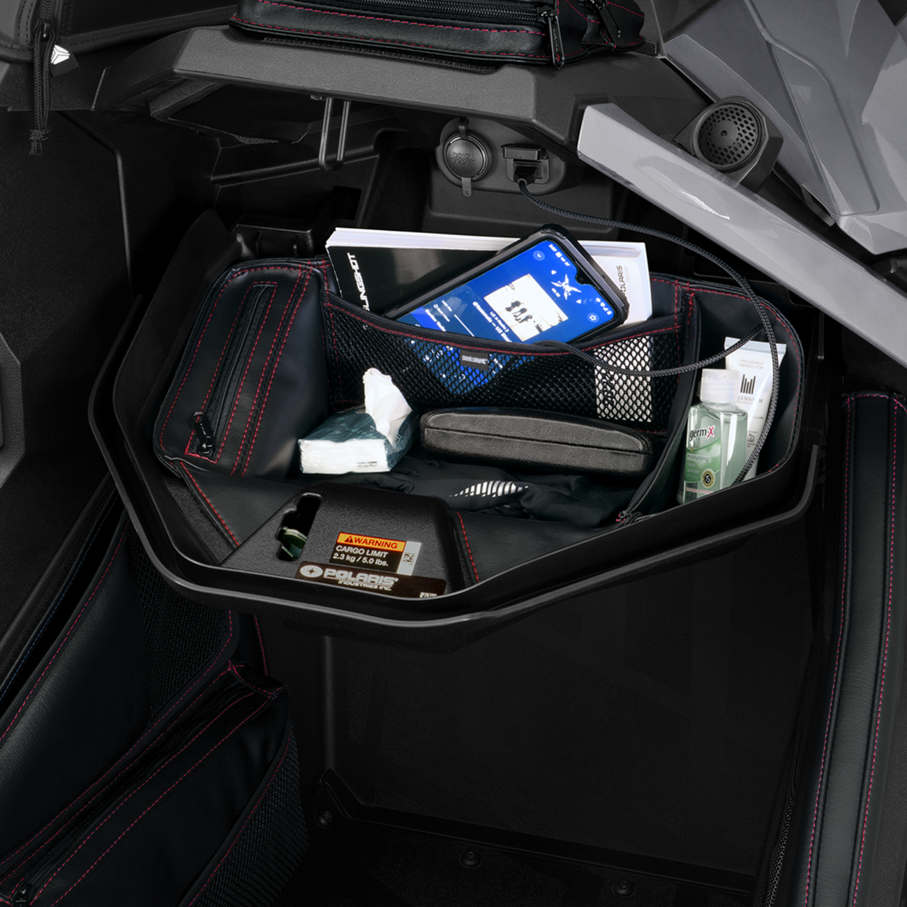 Bill's Exhausts SHOW CHROME engine glove box organizer in red, with multiple compartments for vehicle storage.