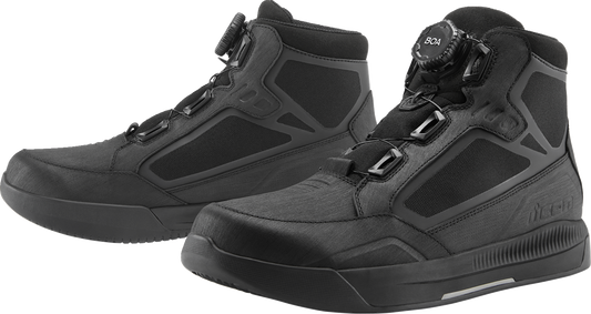 Black ICON Patrol 3™ waterproof boots by Bill's Exhausts in size 10, showing sturdy leather construction and rugged soles.