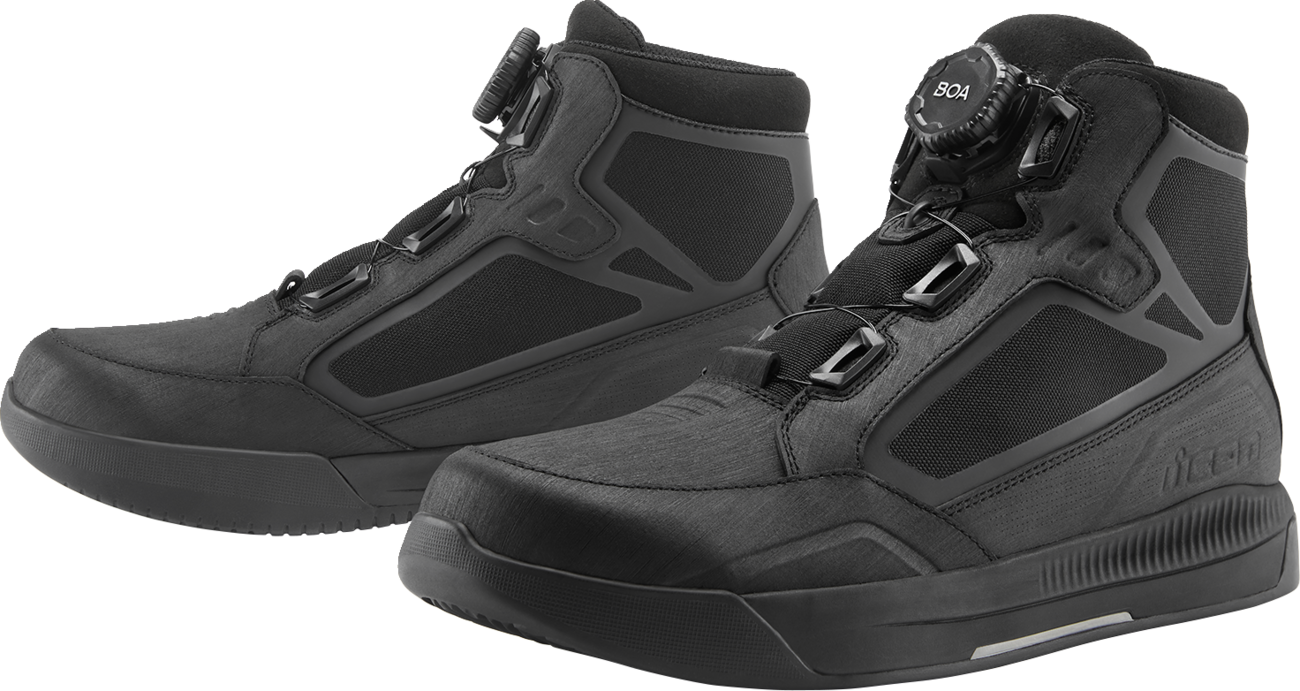 Black ICON Patrol 3 waterproof boots by Bill's Exhausts in size 8.5 with sturdy leather and slip-resistant soles.