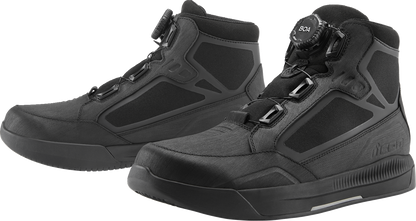 Black ICON Patrol 3 waterproof boots by Bill's Exhausts in size 8, showing durable leather and sturdy tread soles.