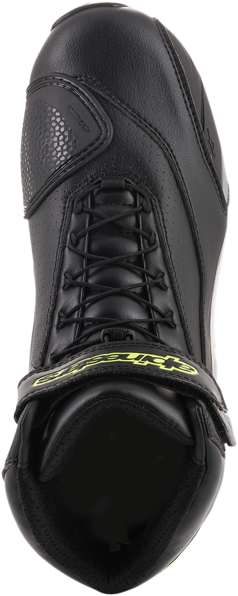 Alpinestars SP-1 v2 riding shoes in black, silver, and yellow with US size 6.5 / EU 40, featuring durable motorcycle footwear design.