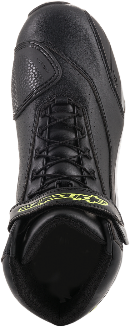 Alpinestars SP-1 v2 riding shoes in black, silver, and yellow with US size 6.5 / EU 40, featuring durable motorcycle footwear design.