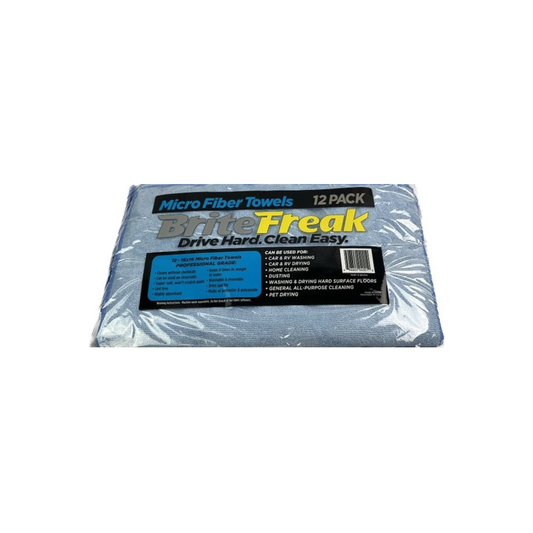 Brite Freak Magik Micros® microfiber cloths, 12-pack, 16x16 inches, for cleaning and polishing bikes and automotive surfaces.