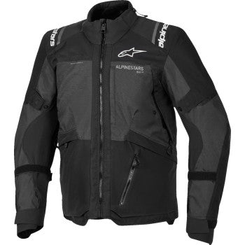 Black Alpinestars Andes Drystar V4 jacket displayed on a mannequin, showcasing its sleek design and premium motorcycle jacket features.