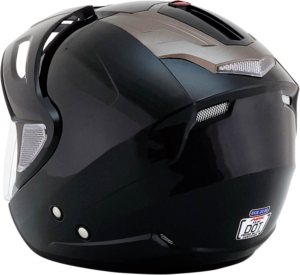 Gloss black AFX FX-50 motorcycle helmet in XS size, featuring aerodynamic design and secure chin strap.