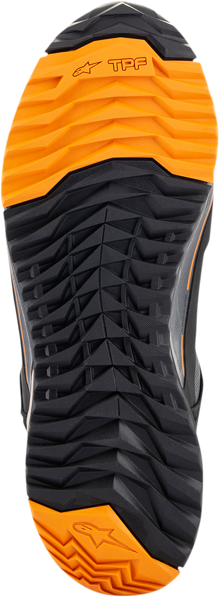 Alpinestars CR-X Drystar® motorcycle shoes in black, brown, and orange with US 9.5 size, showing side view and textured material.