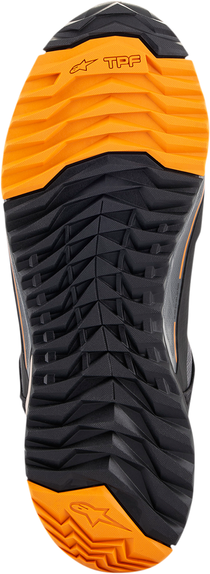 Alpinestars CR-X Drystar shoes in black, brown, and orange with US 13 size, featuring protective design and sporty styling.