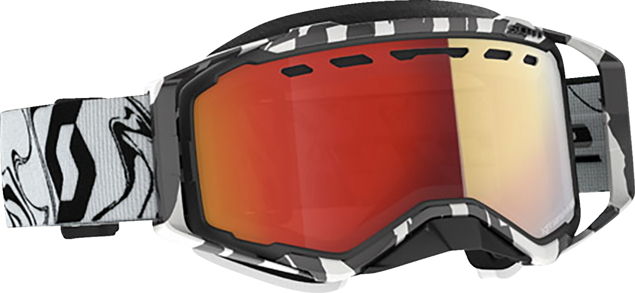 Scott Prospect snow goggles with light-sensitive lenses in marble black and white with red chrome accents