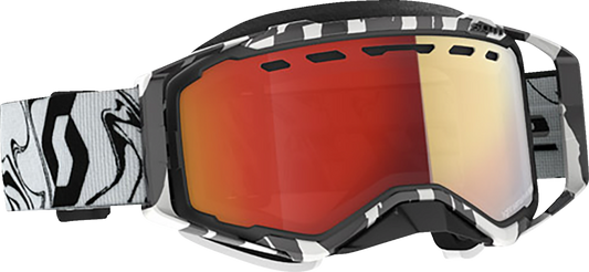 Scott Prospect snow goggles with light-sensitive lenses in marble black and white with red chrome accents