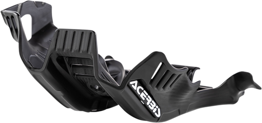 A black and white ACERBIS skid plate for Gas Gas, Husqvarna, and KTM bikes, designed to protect the motorcycle’s body.