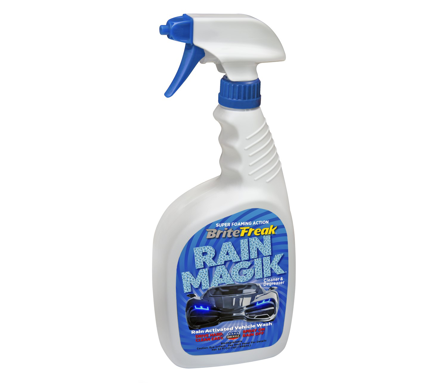 Rain-activated vehicle wash by Bike Brite, Brite Freak Rain Magik® spray-on, visible in a car being cleaned in the rain