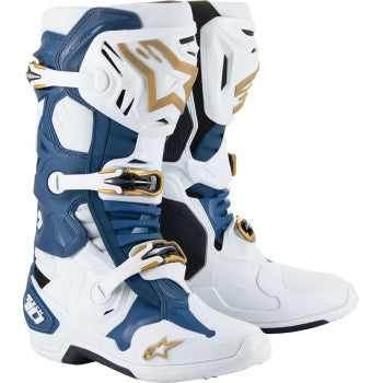 Alpinestars Arlington LE Tech 10 motorcycle boots in white, blue, and gold with black soles, US size 8, shown from side view.