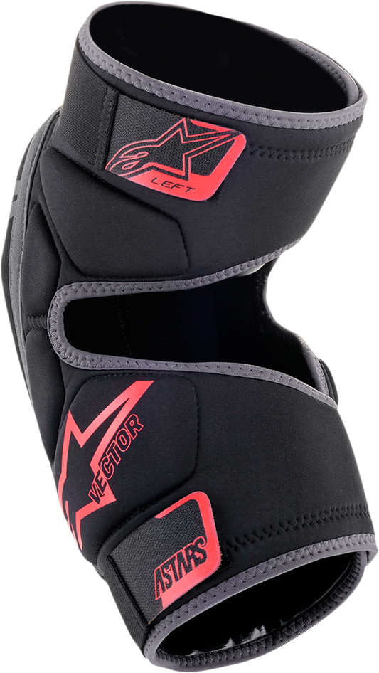 Alpinestars Vector knee guards in black, anthracite, and red, protective gear with adjustable straps and knee padding.