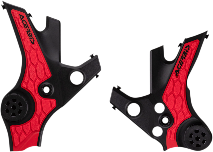 Acerbis X-Grip Frame Guards in red and black on a motorcycle frame, providing protection with a bold, athletic design.